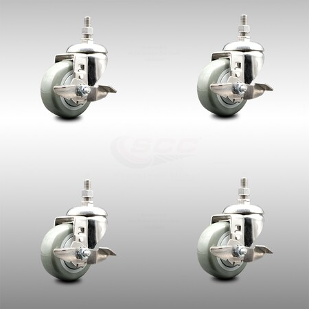 Service Caster 3.5 Inch 316SS Gray Polyurethane Swivel 3/8 Inch Threaded Stem Caster Set Brake SCC-SS316TS20S3514-PPUB-TLB-381615-4